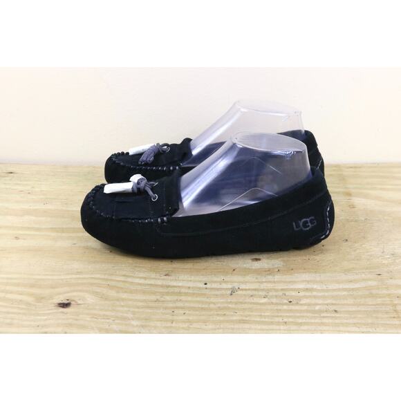 New Ugg Moccasins Womens 7 Black Suede Lizzy Shearling Lined Slip On Slippers - Picture 1 of 7